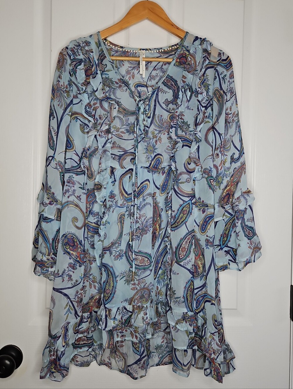 ANTHROPOLOGIE Sheer Tunic Mini Dress Blue Paisley Boho Ruffle Trim Tassel Tie